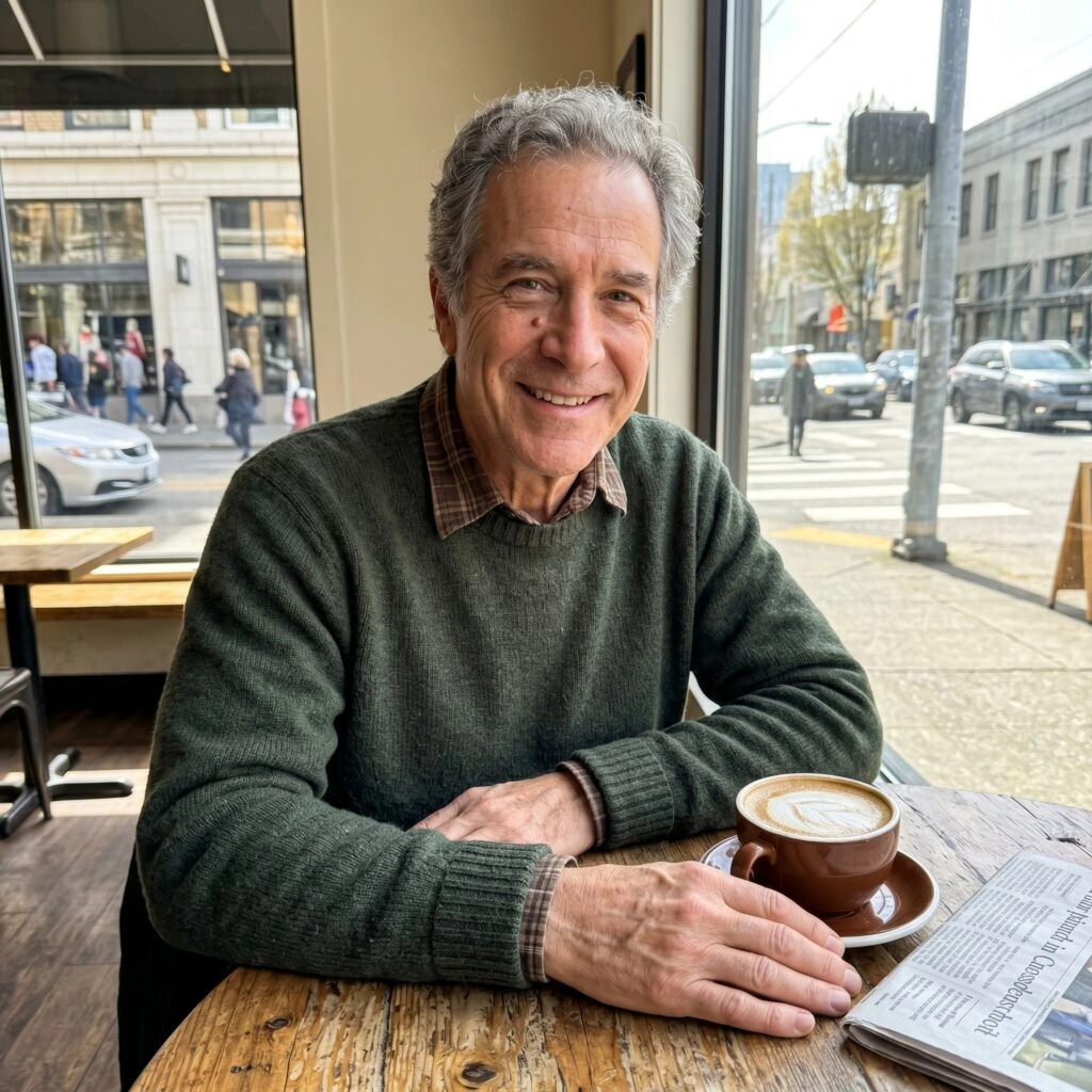 Older man at a cafe, representing an active daily routine
